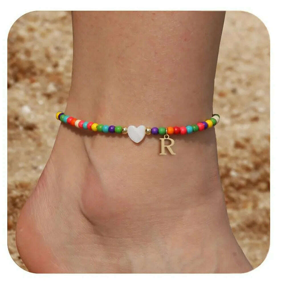 Rainbow Round Beads Anklet Stainless Steel Love Heart 26 Letters A-Z Pendant Anklets For Women Boho Gold Color Ankle Bracelet - KIMLUD