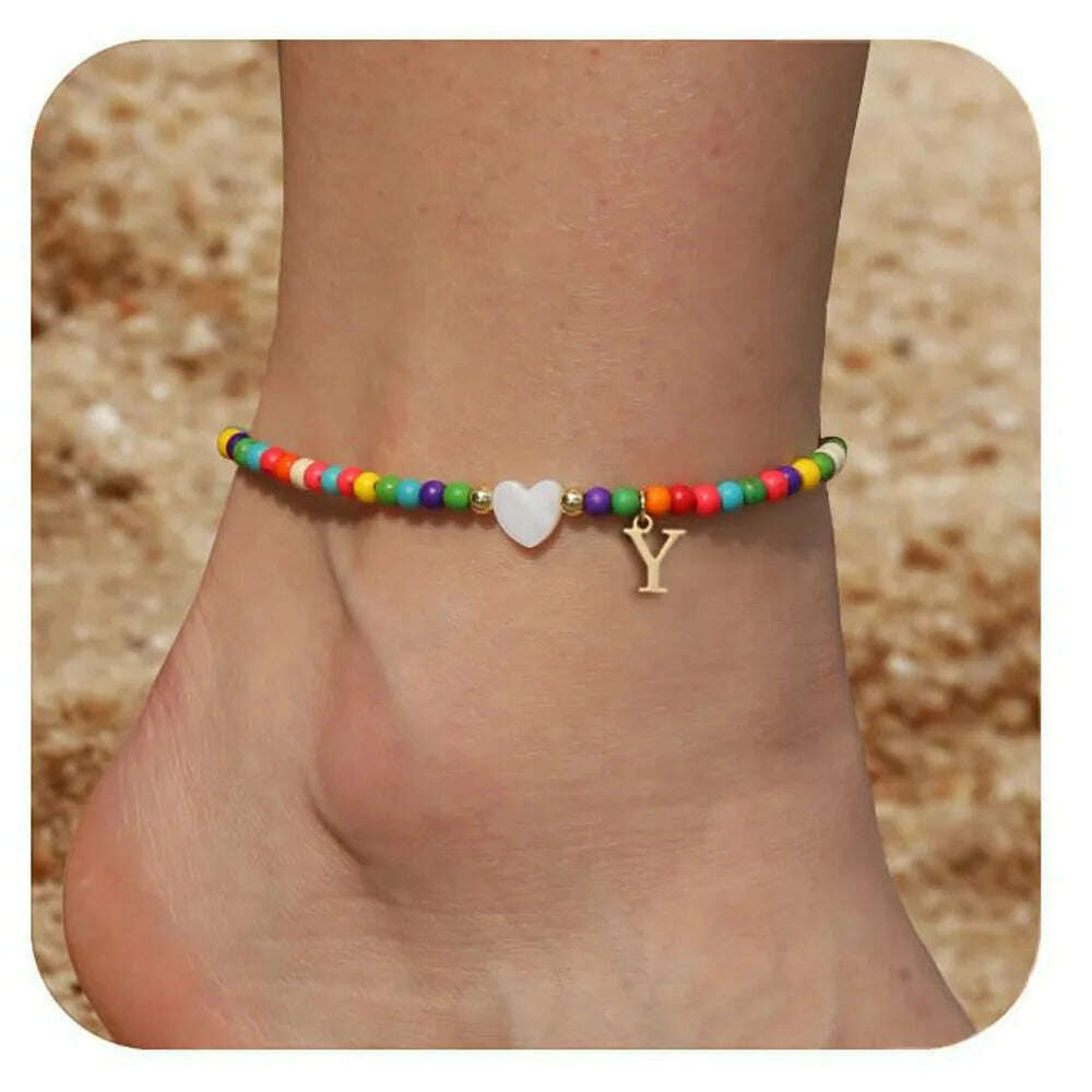 Rainbow Round Beads Anklet Stainless Steel Love Heart 26 Letters A-Z Pendant Anklets For Women Boho Gold Color Ankle Bracelet - KIMLUD