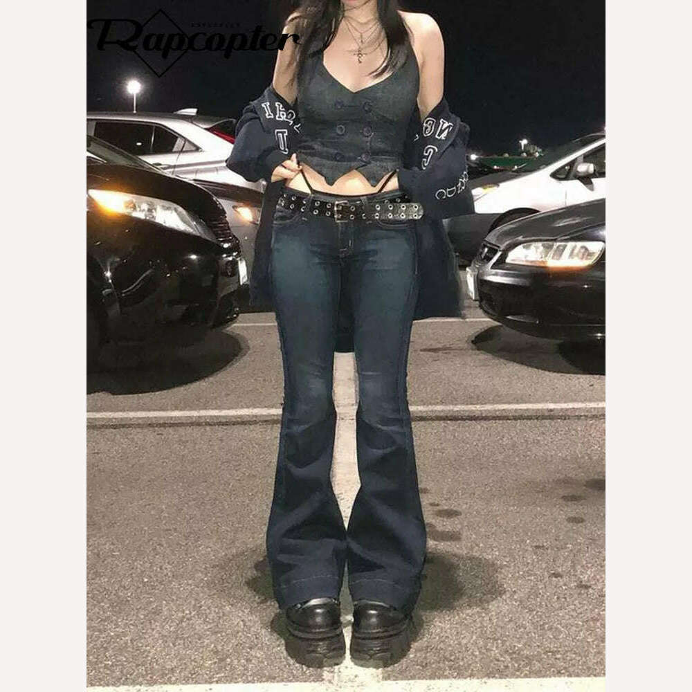 Rapcopter y2k Flare Jeans Vintage Low Waisted Cute Trousers Aesthetic Streetwear Casual Cargo Pants Women Korean Distressed Jean - KIMLUD