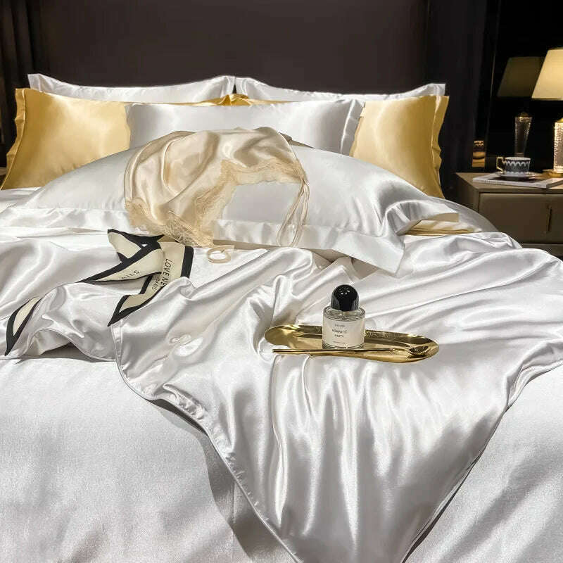 Real 100% Mulberry Silk Bedding Set with Duvet Cover Fitted/Flat Bed Sheet Pillowcase Solid Color 4pcs King Queen Twin Bed Sets - KIMLUD
