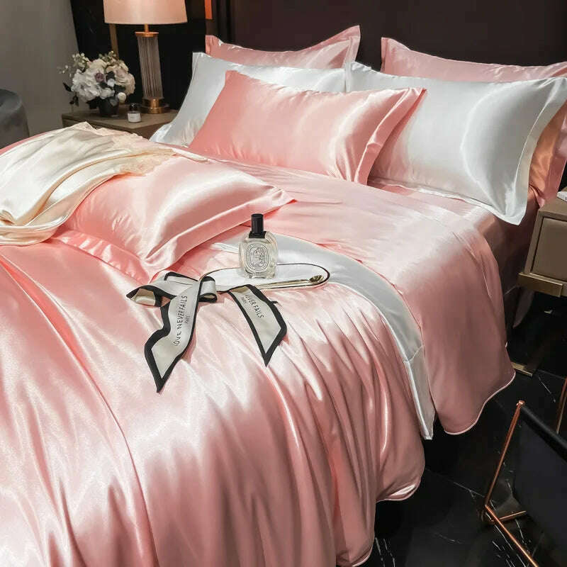 Real 100% Mulberry Silk Bedding Set with Duvet Cover Fitted/Flat Bed Sheet Pillowcase Solid Color 4pcs King Queen Twin Bed Sets - KIMLUD