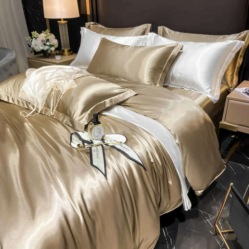 Real 100% Mulberry Silk Bedding Set with Duvet Cover Fitted/Flat Bed Sheet Pillowcase Solid Color 4pcs King Queen Twin Bed Sets - KIMLUD