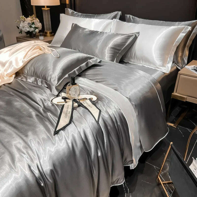 Real 100% Mulberry Silk Bedding Set with Duvet Cover Fitted/Flat Bed Sheet Pillowcase Solid Color 4pcs King Queen Twin Bed Sets - KIMLUD