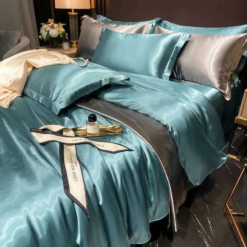 Real 100% Mulberry Silk Bedding Set with Duvet Cover Fitted/Flat Bed Sheet Pillowcase Solid Color 4pcs King Queen Twin Bed Sets - KIMLUD