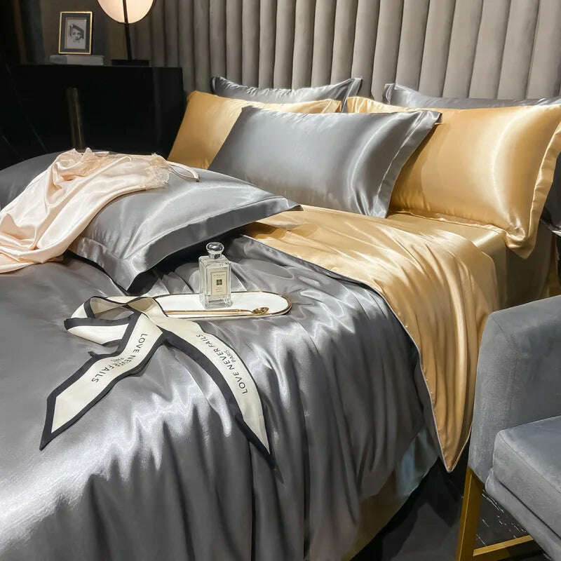 Real 100% Mulberry Silk Bedding Set with Duvet Cover Fitted/Flat Bed Sheet Pillowcase Solid Color 4pcs King Queen Twin Bed Sets - KIMLUD