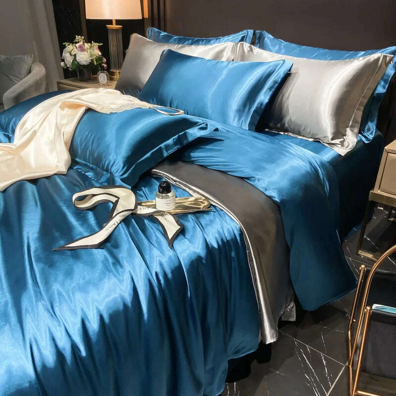 Real 100% Mulberry Silk Bedding Set with Duvet Cover Fitted/Flat Bed Sheet Pillowcase Solid Color 4pcs King Queen Twin Bed Sets - KIMLUD