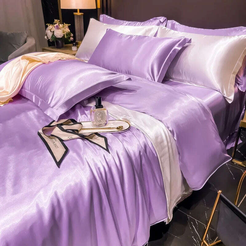 Real 100% Mulberry Silk Bedding Set with Duvet Cover Fitted/Flat Bed Sheet Pillowcase Solid Color 4pcs King Queen Twin Bed Sets - KIMLUD
