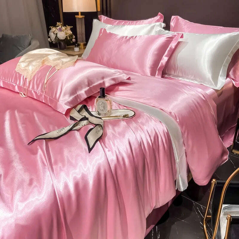 Real 100% Mulberry Silk Bedding Set with Duvet Cover Fitted/Flat Bed Sheet Pillowcase Solid Color 4pcs King Queen Twin Bed Sets - KIMLUD