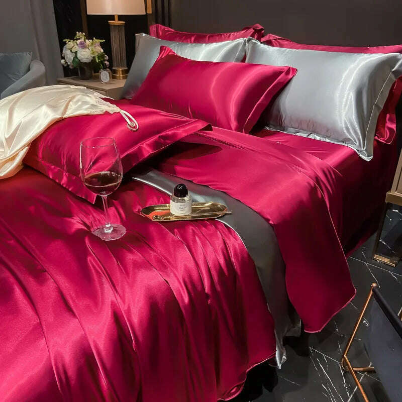 Real 100% Mulberry Silk Bedding Set with Duvet Cover Fitted/Flat Bed Sheet Pillowcase Solid Color 4pcs King Queen Twin Bed Sets - KIMLUD