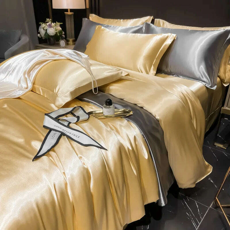 Real 100% Mulberry Silk Bedding Set with Duvet Cover Fitted/Flat Bed Sheet Pillowcase Solid Color 4pcs King Queen Twin Bed Sets - KIMLUD
