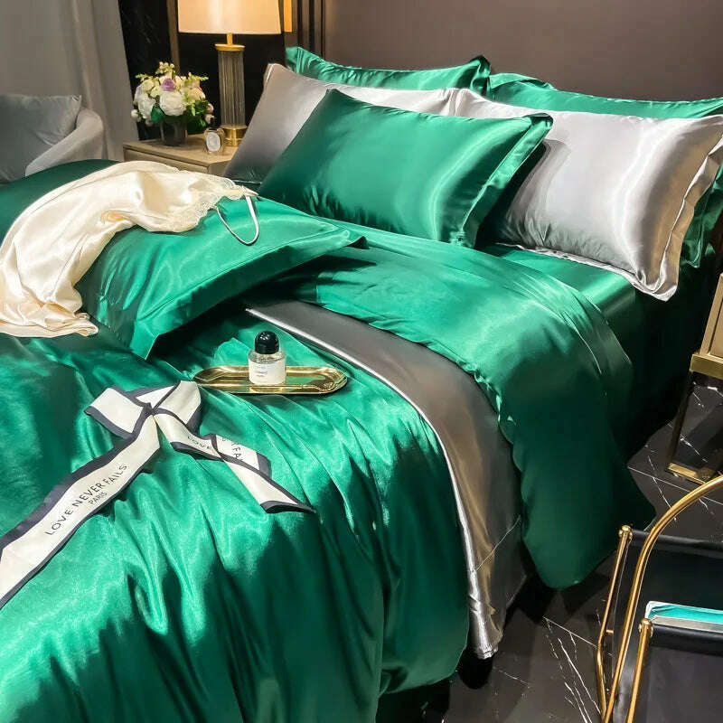 Real 100% Mulberry Silk Bedding Set with Duvet Cover Fitted/Flat Bed Sheet Pillowcase Solid Color 4pcs King Queen Twin Bed Sets - KIMLUD