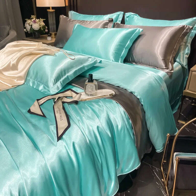 Real 100% Mulberry Silk Bedding Set with Duvet Cover Fitted/Flat Bed Sheet Pillowcase Solid Color 4pcs King Queen Twin Bed Sets - KIMLUD