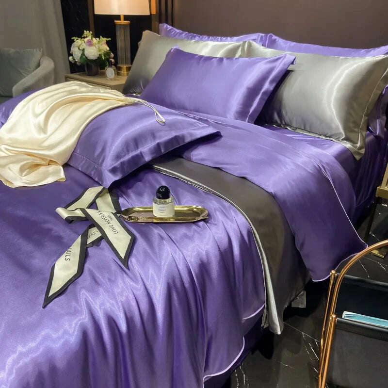 Real 100% Mulberry Silk Bedding Set with Duvet Cover Fitted/Flat Bed Sheet Pillowcase Solid Color 4pcs King Queen Twin Bed Sets - KIMLUD