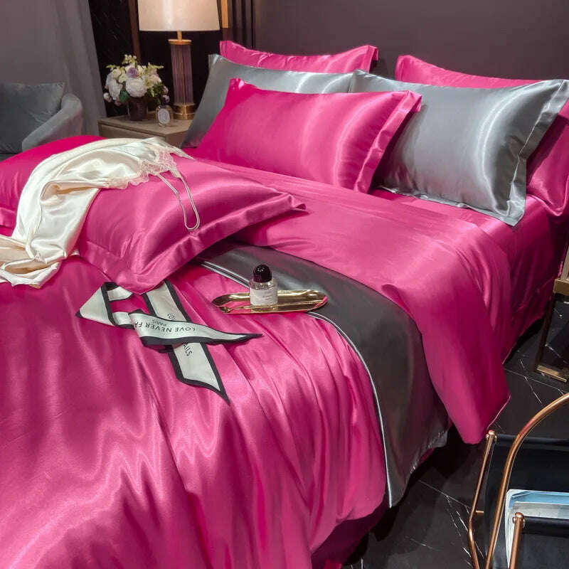 Real 100% Mulberry Silk Bedding Set with Duvet Cover Fitted/Flat Bed Sheet Pillowcase Solid Color 4pcs King Queen Twin Bed Sets - KIMLUD