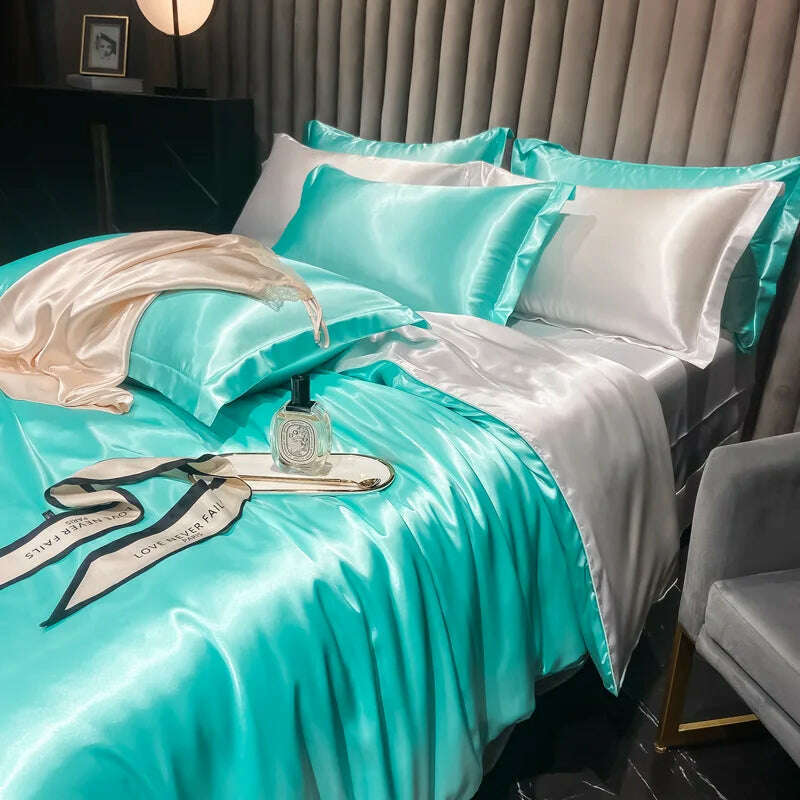 Real 100% Mulberry Silk Bedding Set with Duvet Cover Fitted/Flat Bed Sheet Pillowcase Solid Color 4pcs King Queen Twin Bed Sets - KIMLUD