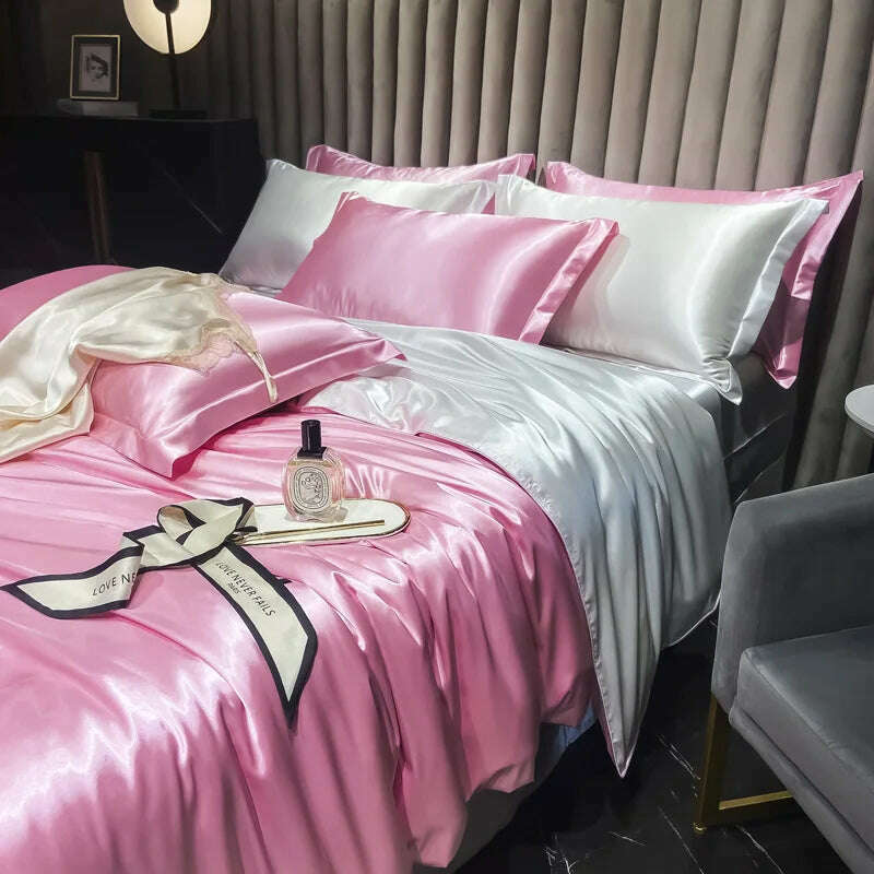 Real 100% Mulberry Silk Bedding Set with Duvet Cover Fitted/Flat Bed Sheet Pillowcase Solid Color 4pcs King Queen Twin Bed Sets - KIMLUD
