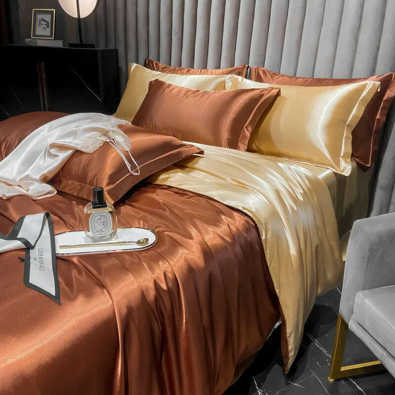 Real 100% Mulberry Silk Bedding Set with Duvet Cover Fitted/Flat Bed Sheet Pillowcase Solid Color 4pcs King Queen Twin Bed Sets - KIMLUD