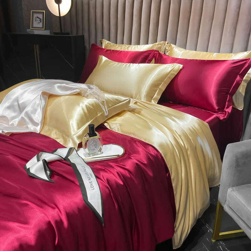 Real 100% Mulberry Silk Bedding Set with Duvet Cover Fitted/Flat Bed Sheet Pillowcase Solid Color 4pcs King Queen Twin Bed Sets - KIMLUD