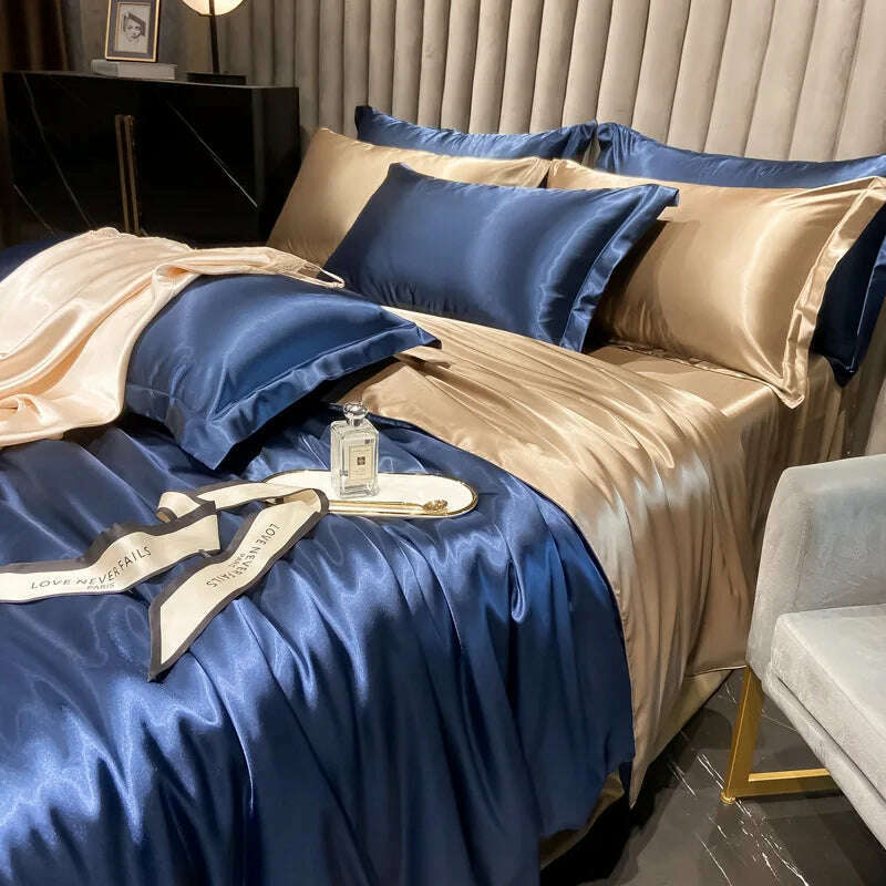 Real 100% Mulberry Silk Bedding Set with Duvet Cover Fitted/Flat Bed Sheet Pillowcase Solid Color 4pcs King Queen Twin Bed Sets - KIMLUD