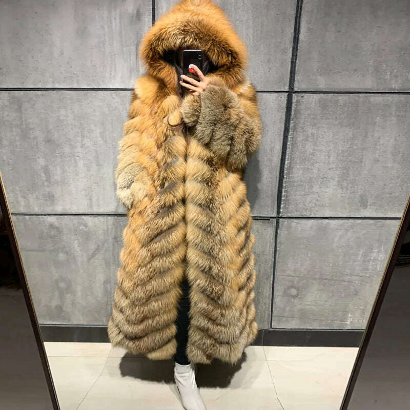 KIMLUD, real fox fur coat ladies natural fox fur coat long sleeve hooded women real fox fur coat X-long, KIMLUD Womens Clothes