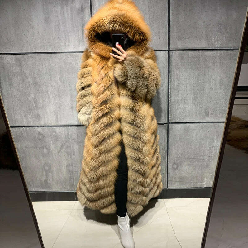 KIMLUD, real fox fur coat ladies natural fox fur coat long sleeve hooded women real fox fur coat X-long, KIMLUD Womens Clothes