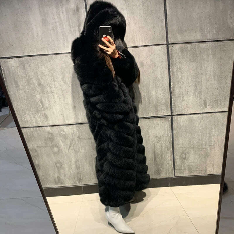 KIMLUD, real fox fur coat ladies natural fox fur coat long sleeve hooded women real fox fur coat X-long, KIMLUD Womens Clothes