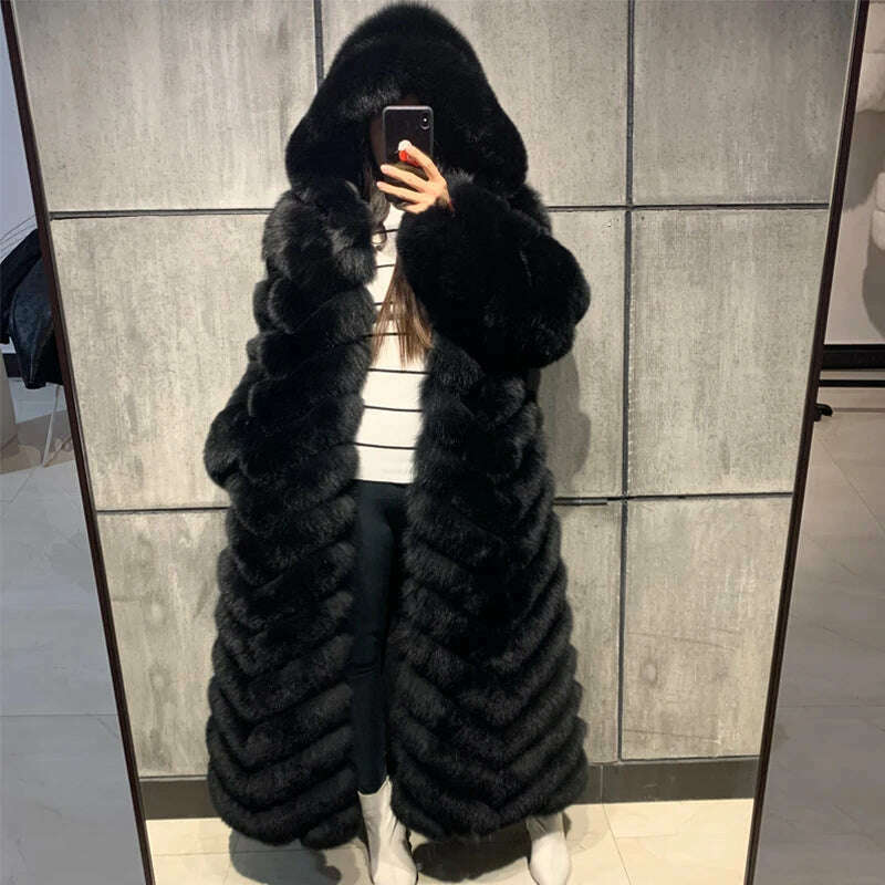 KIMLUD, real fox fur coat ladies natural fox fur coat long sleeve hooded women real fox fur coat X-long, KIMLUD Womens Clothes