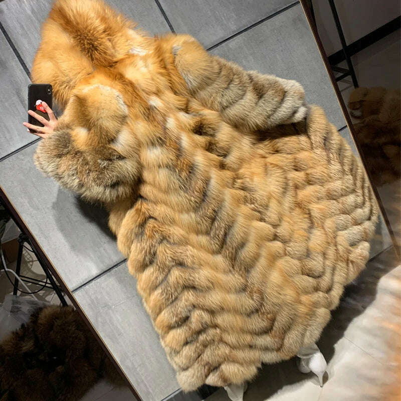 KIMLUD, real fox fur coat ladies natural fox fur coat long sleeve hooded women real fox fur coat X-long, KIMLUD Womens Clothes