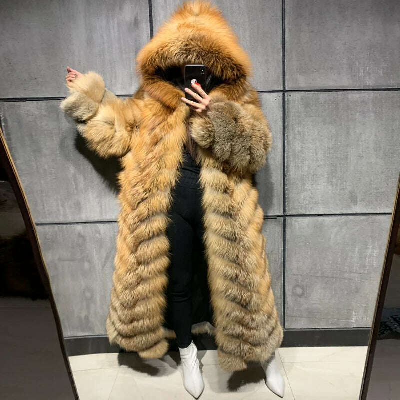 KIMLUD, real fox fur coat ladies natural fox fur coat long sleeve hooded women real fox fur coat X-long, KIMLUD Womens Clothes