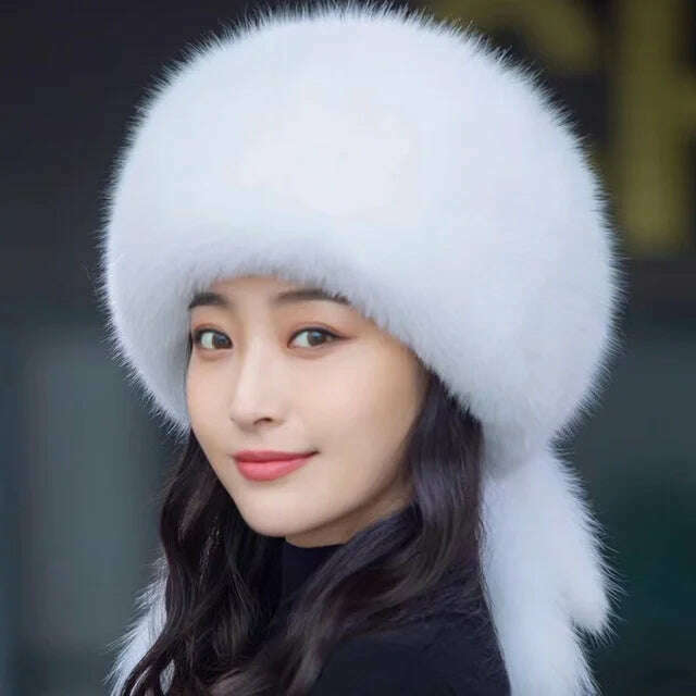 Real Fox Fur Hat Winter Natural Fur Snow Hat For Ladies Thick Outdoor Beanies Caps Russians Skiing Hats Bomber White Fur Caps - KIMLUD