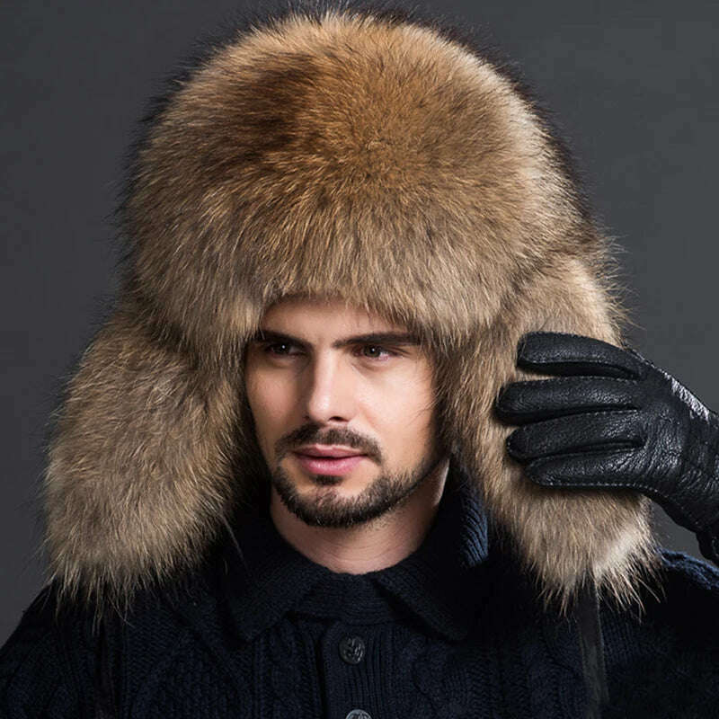 KIMLUD, Real fur 100% Fox Skin Russian Businessmen Pilot Bombers Full Mao Men's hat Ushanka Winter Ear Guard Hat Raccoon Fur Beanie hat, raccoon fur / 56-58cm, KIMLUD Womens Clothes