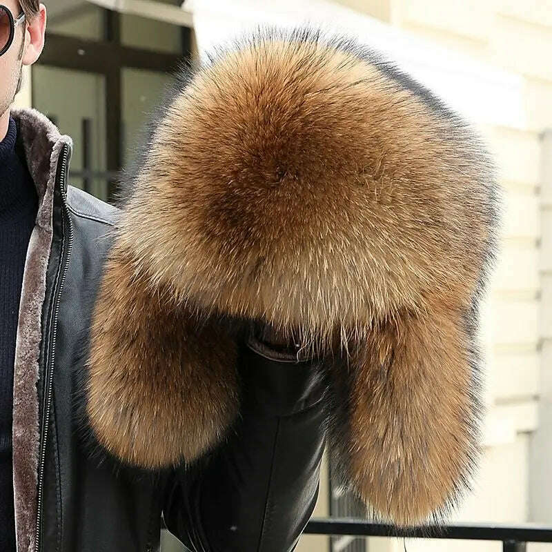 KIMLUD, Real Fur 100% Fox Skin Russian Businessmen Pilot Bombers Full Mao Men's hat Ushanka Winter Ear Guard Hat Raccoon Fur Beanie hat, raccoon fur / Adjustable, KIMLUD Womens Clothes