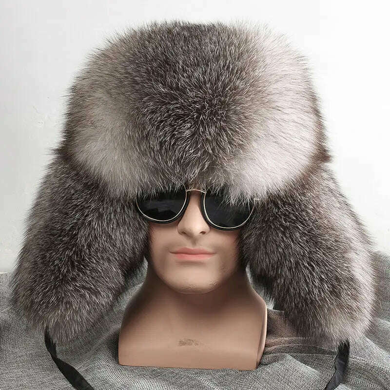 KIMLUD, Real Fur 100% Fox Skin Russian Businessmen Pilot Bombers Full Mao Men's hat Ushanka Winter Ear Guard Hat Raccoon Fur Beanie hat, silver blue / Adjustable, KIMLUD Womens Clothes