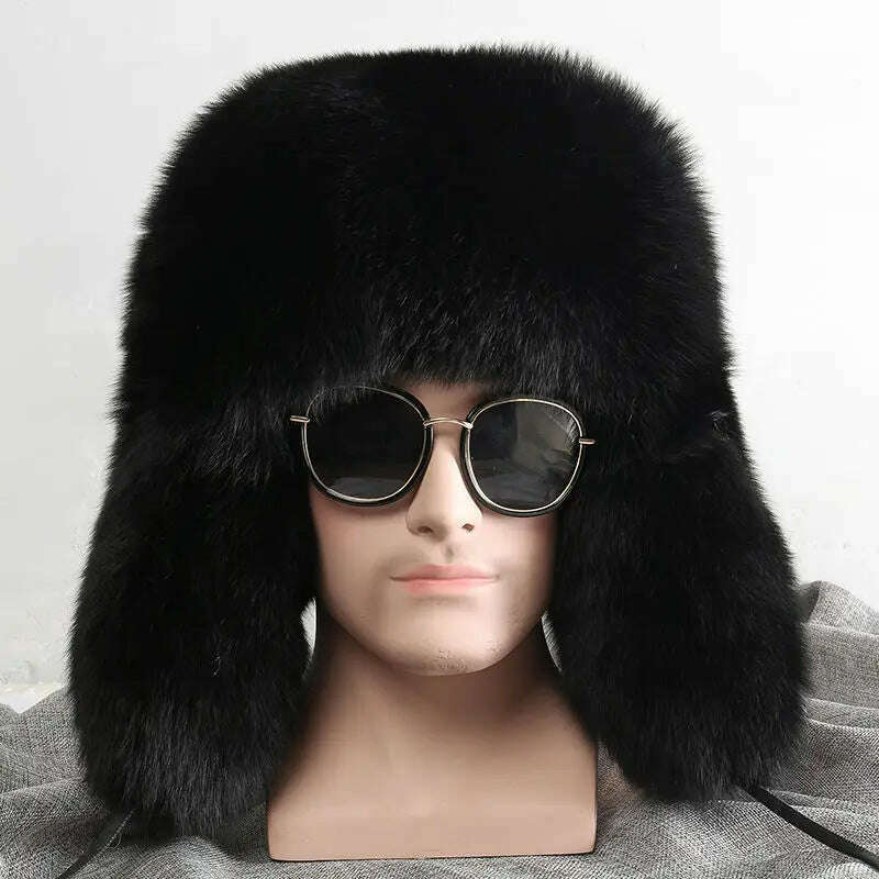 KIMLUD, Real Fur 100% Fox Skin Russian Businessmen Pilot Bombers Full Mao Men's hat Ushanka Winter Ear Guard Hat Raccoon Fur Beanie hat, black / Adjustable, KIMLUD Womens Clothes
