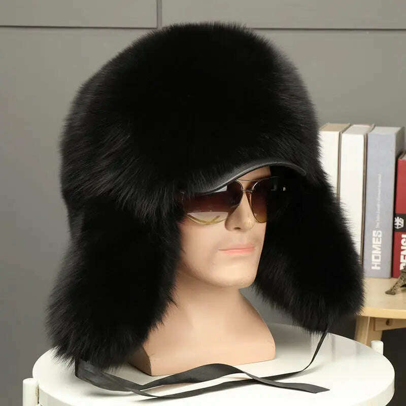 KIMLUD, Real Fur 100% Fox Skin Russian Businessmen Pilot Bombers Full Mao Men's hat Ushanka Winter Ear Guard Hat Raccoon Fur Beanie hat, Plus brim 4 / Adjustable, KIMLUD Womens Clothes