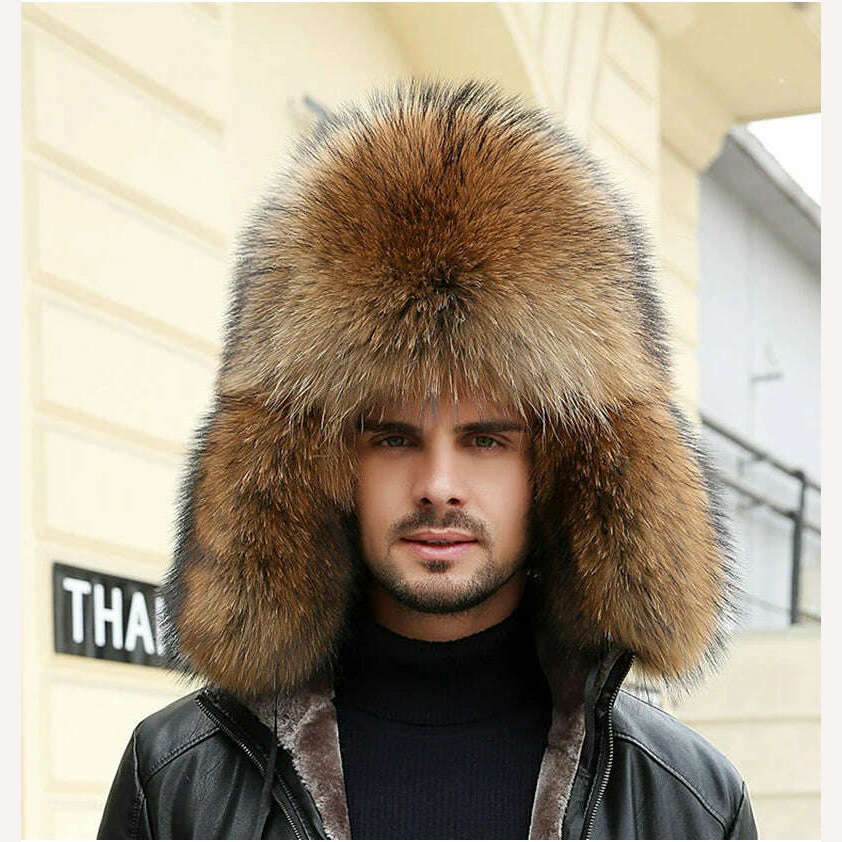 KIMLUD, Real Fur 100% Fox Skin Russian Businessmen Pilot Bombers Full Mao Men's hat Ushanka Winter Ear Guard Hat Raccoon Fur Beanie hat, KIMLUD Womens Clothes