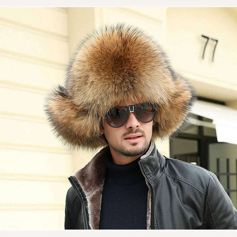 KIMLUD, Real Fur 100% Fox Skin Russian Businessmen Pilot Bombers Full Mao Men's hat Ushanka Winter Ear Guard Hat Raccoon Fur Beanie hat, KIMLUD Womens Clothes