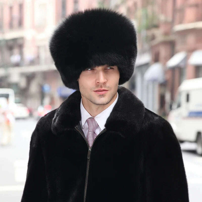 KIMLUD, Real Fur 100% Fox Skin Russian Businessmen Pilot Bombers Full Mao Men's hat Ushanka Winter Ear Guard Hat Raccoon Fur Cap, KIMLUD Womens Clothes