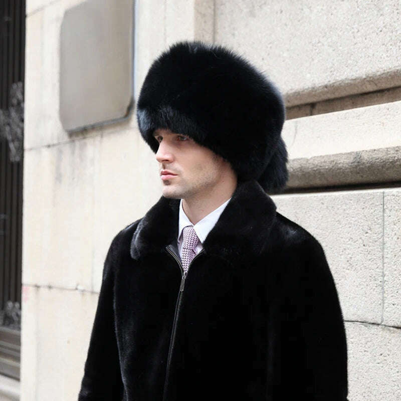 Real Fur 100% Fox Skin Russian Businessmen Pilot Bombers Full Mao Men's hat Ushanka Winter Ear Guard Hat Raccoon Fur Cap, KIMLUD Women's Clothes