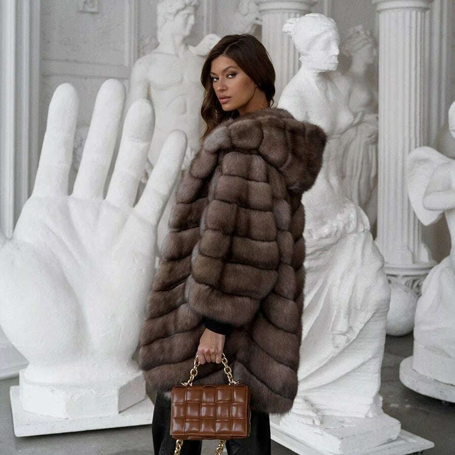 KIMLUD, Real Fur Coat Genuine Fox Fur Jacket Mid-Length Winter Jackets For Women Warm Fur Coat With Hood Best Selling Styles, KIMLUD Womens Clothes
