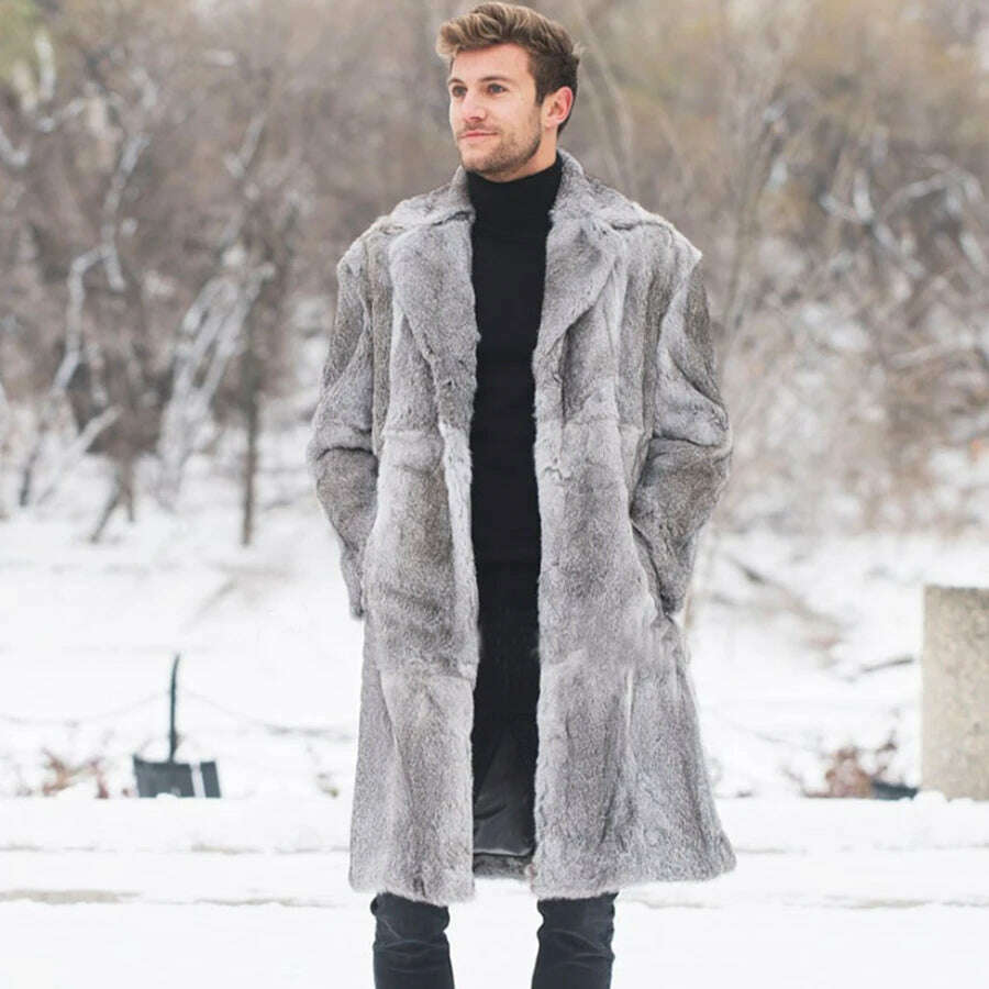 KIMLUD, Real Fur Jacket Men Natural Rabbit Fur Coat New Winter Long Warm Overcoat Turn Down Collar Plus Size Custom, 1 / M, KIMLUD Women's Clothes