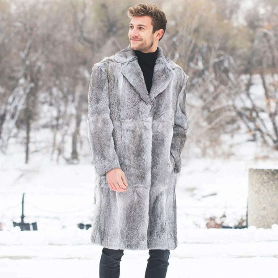 KIMLUD, Real Fur Jacket Men Natural Rabbit Fur Coat New Winter Long Warm Overcoat Turn Down Collar Plus Size Custom, KIMLUD Womens Clothes