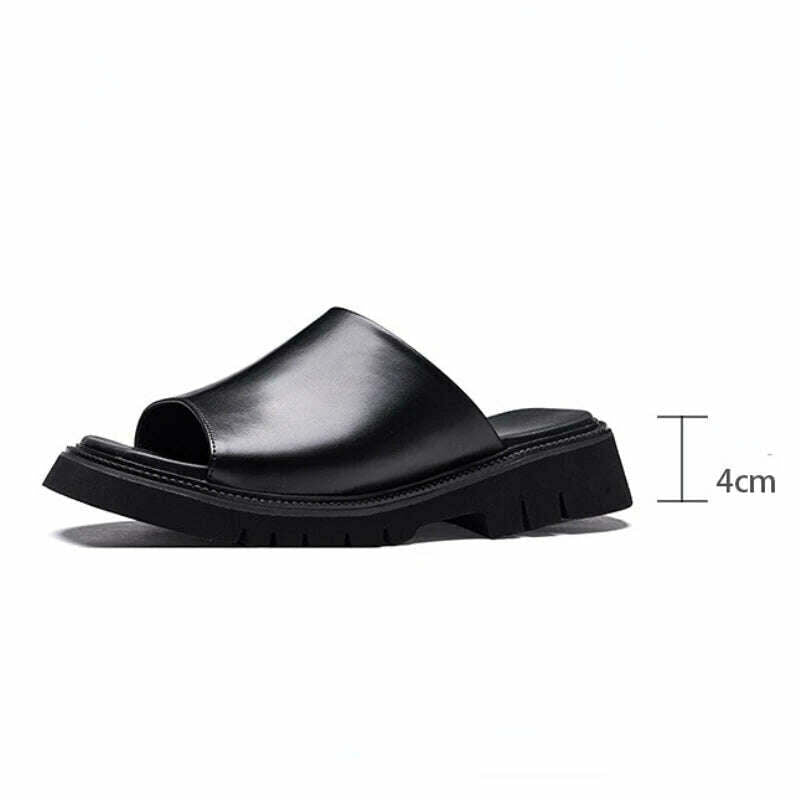 Real Leather Mens Slippers Platform 4cm High Heels Luxury Genuine Leather Quality Brand Handmade Outdoor Business Slippers Shoes - KIMLUD