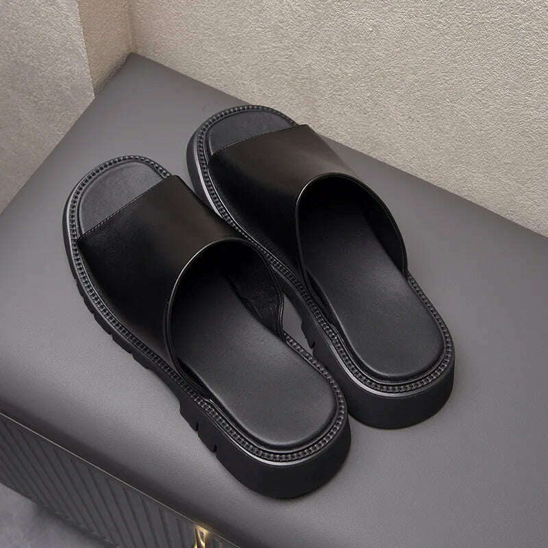Real Leather Mens Slippers Platform 4cm High Heels Luxury Genuine Leather Quality Brand Handmade Outdoor Business Slippers Shoes - KIMLUD