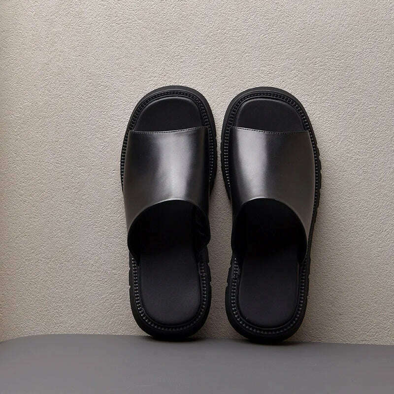 Real Leather Mens Slippers Platform 4cm High Heels Luxury Genuine Leather Quality Brand Handmade Outdoor Business Slippers Shoes - KIMLUD