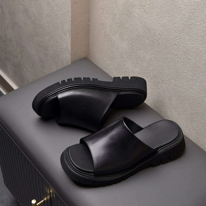Real Leather Mens Slippers Platform 4cm High Heels Luxury Genuine Leather Quality Brand Handmade Outdoor Business Slippers Shoes - KIMLUD