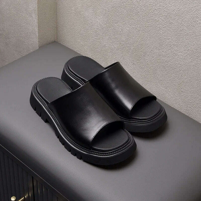 Real Leather Mens Slippers Platform 4cm High Heels Luxury Genuine Leather Quality Brand Handmade Outdoor Business Slippers Shoes - KIMLUD
