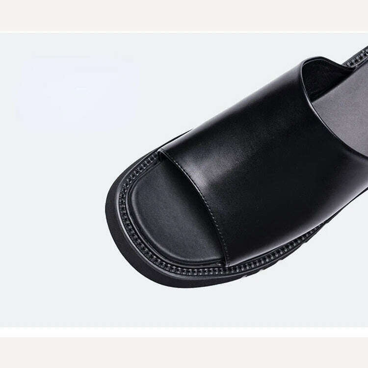 Real Leather Mens Slippers Platform 4cm High Heels Luxury Genuine Leather Quality Brand Handmade Outdoor Business Slippers Shoes - KIMLUD