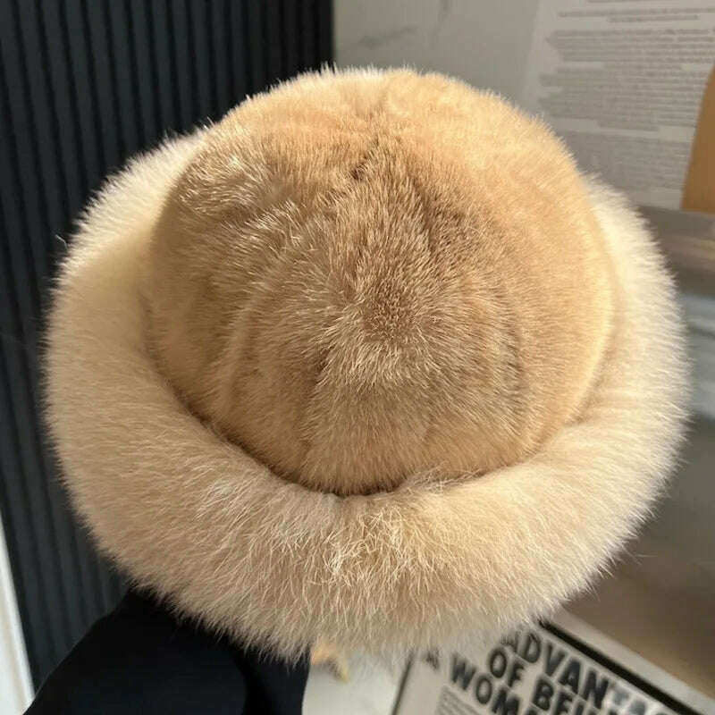 Real Mink Fur Hat For Women Winter Natural Mink Fur Hat With Fox Fur Brim Female Fashion Fisherman Hat Thicked Fur Bomber Hats - KIMLUD