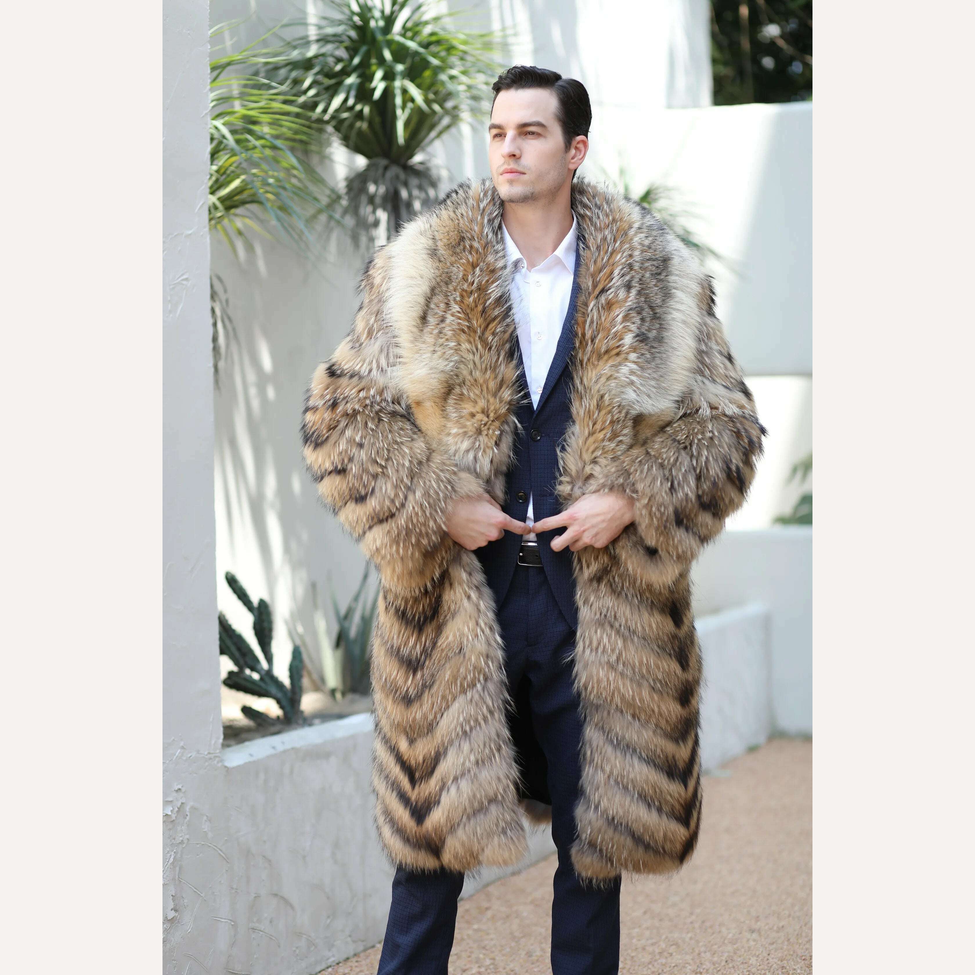 KIMLUD, Real Raccoon Fur Jacket Men Fashion Coat Winter Warm Long Style, KIMLUD Women's Clothes